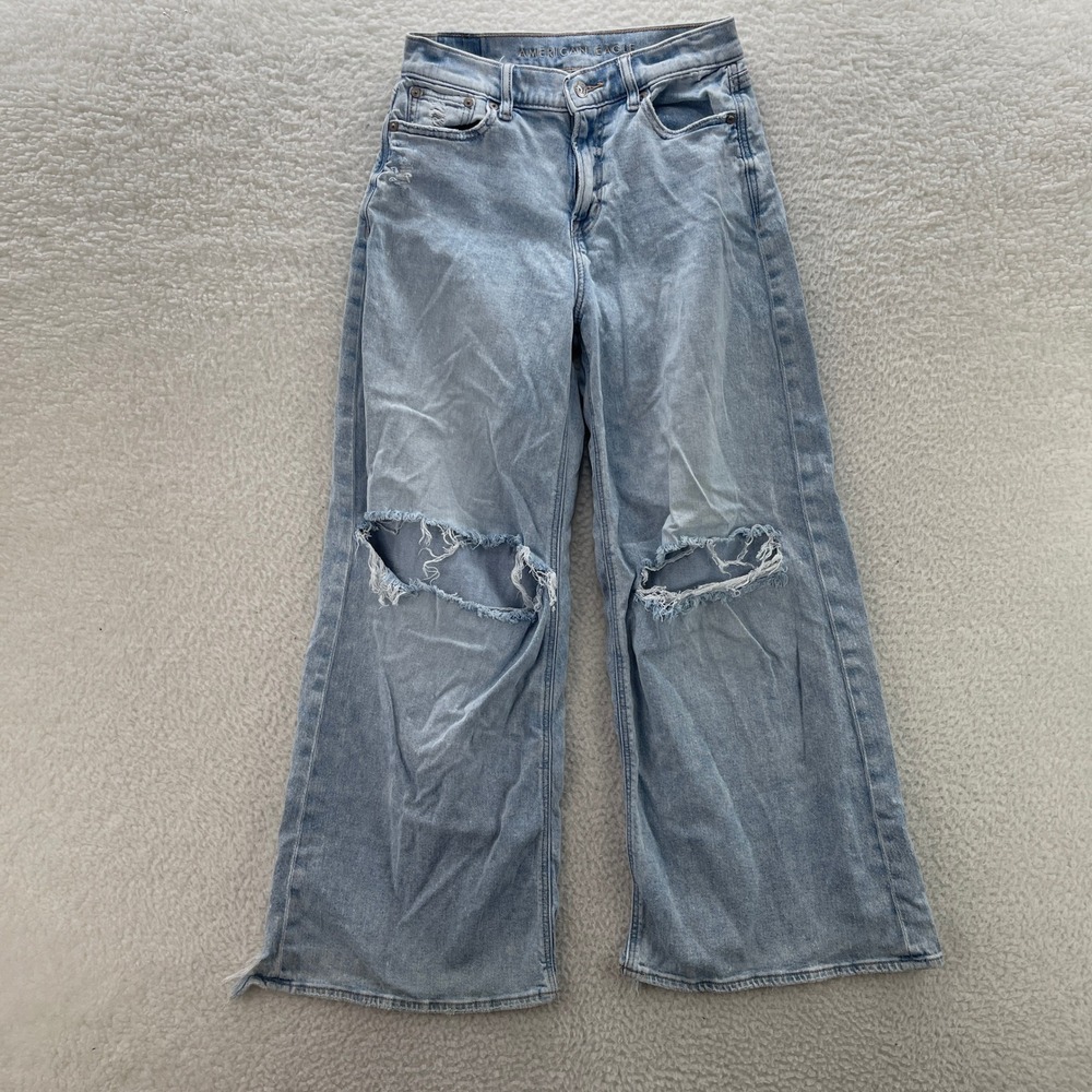 American Eagle Jeans Womens 26x27 Blue Super High Rise Ultra Wide Leg Distressed